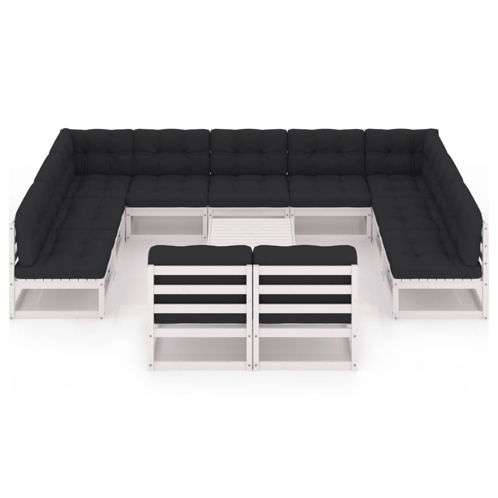 12-tlg. Garten-Lounge-Set mit Kissen Weiss Kiefer Massivholz